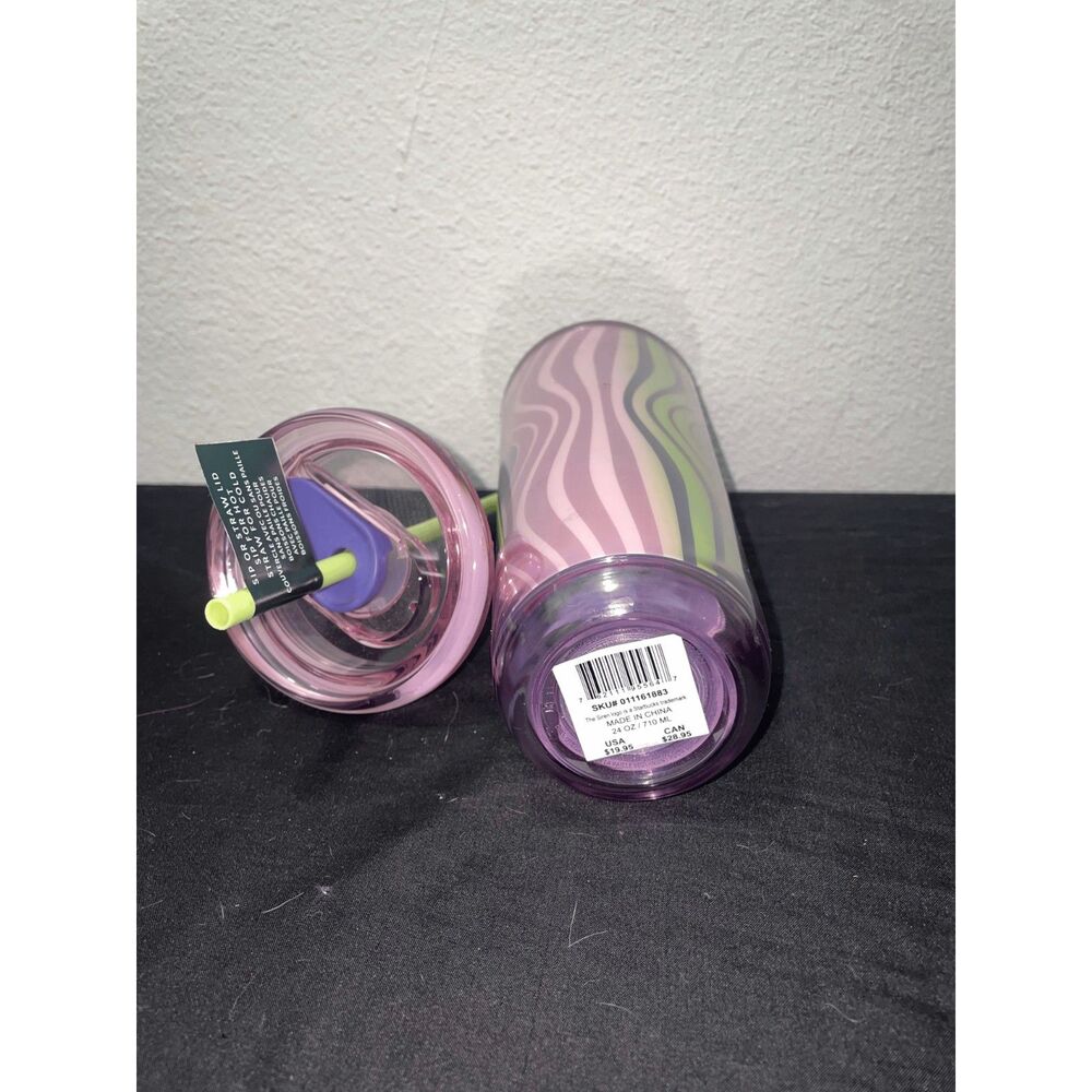 Starbucks 24 oz Venti Wavy Stripe Cold Cup Pink Purple Green with Straw